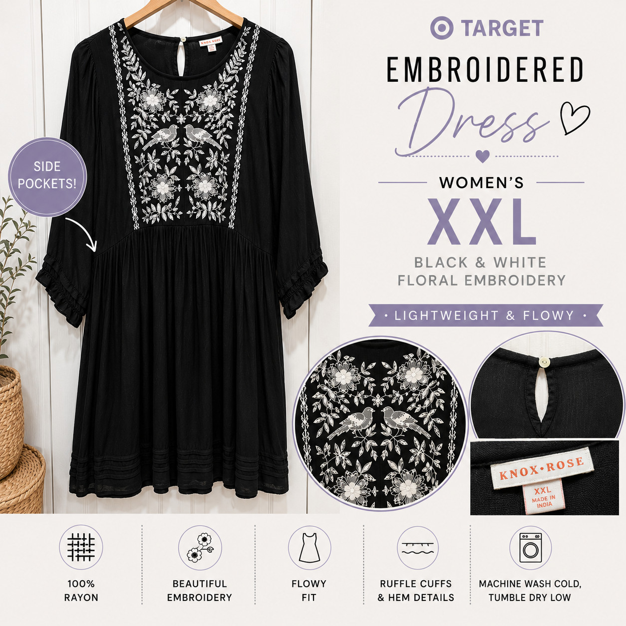 Knox Rose (Target) XXL Black Embroidered Boho Peasant Dress Rayon Long Sleeve