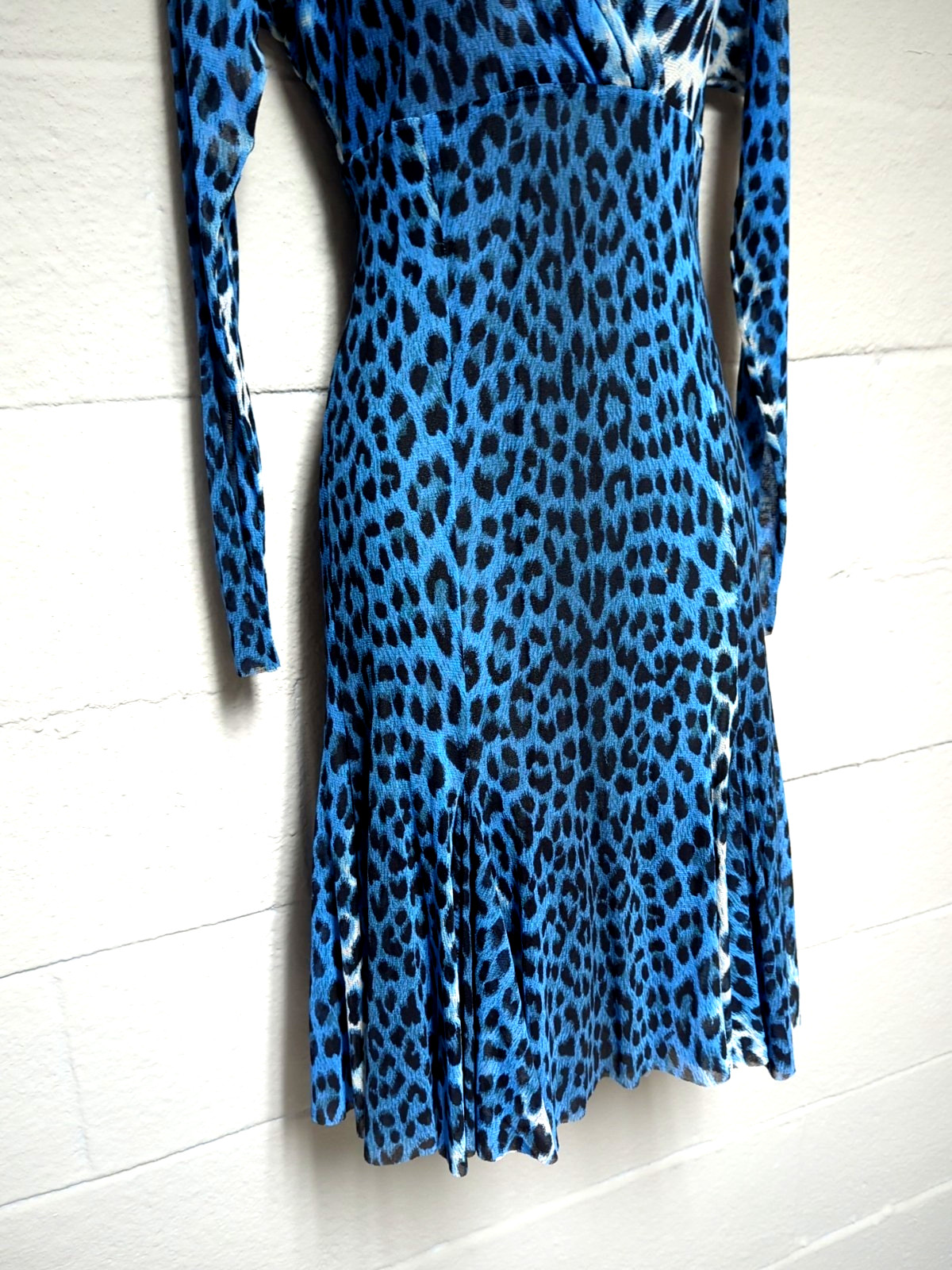 Fuzzi Jean Paul Gaultier Mesh Dress Size XL JPG Blue Leopard Print Sheer Sleeve