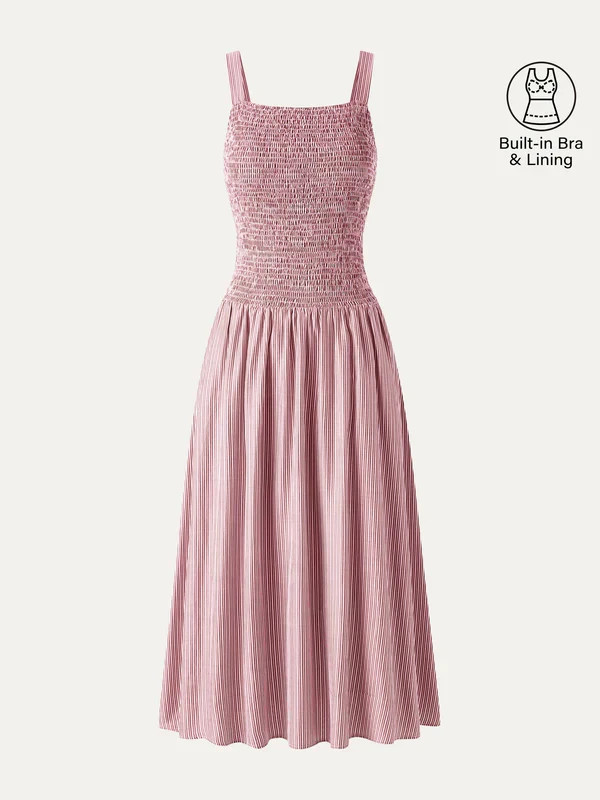 Women’s Striped Smocked Midi Dress Built In Bra Sleeveless, Pink/White, Freeship