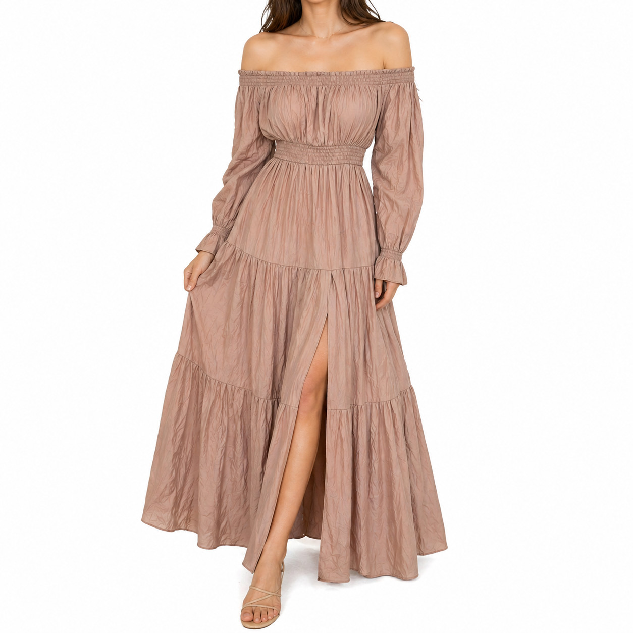 Zesica Maxi Dress Women’s Size XS Dusty Rose Front-Slit Off-The-Shoulder