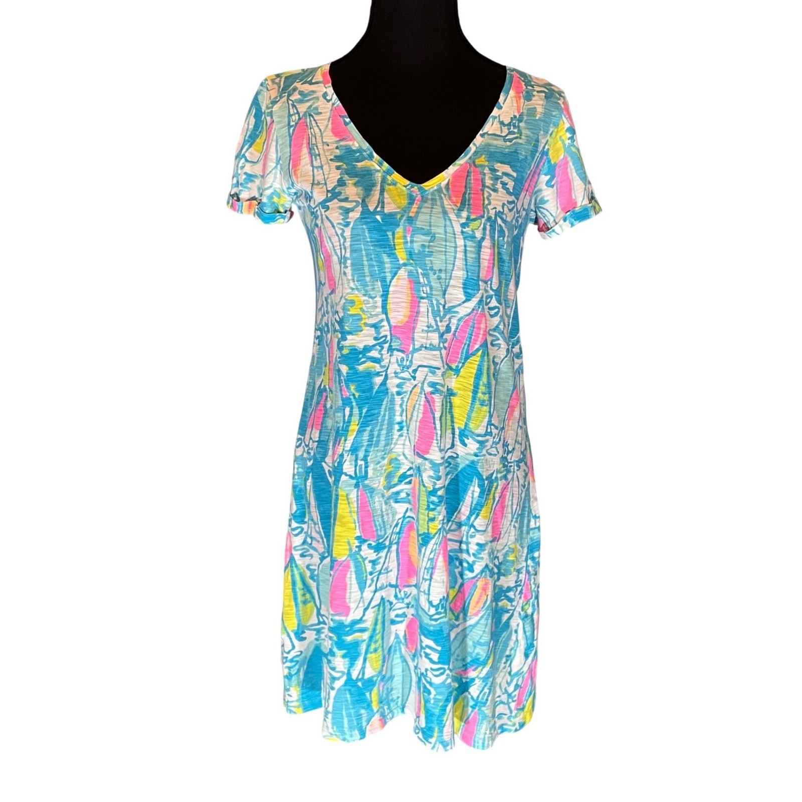 Lilly Pulitzer Sailboat Print V-Neck Slub Cotton T-Shirt Dress Blue XS Coastal