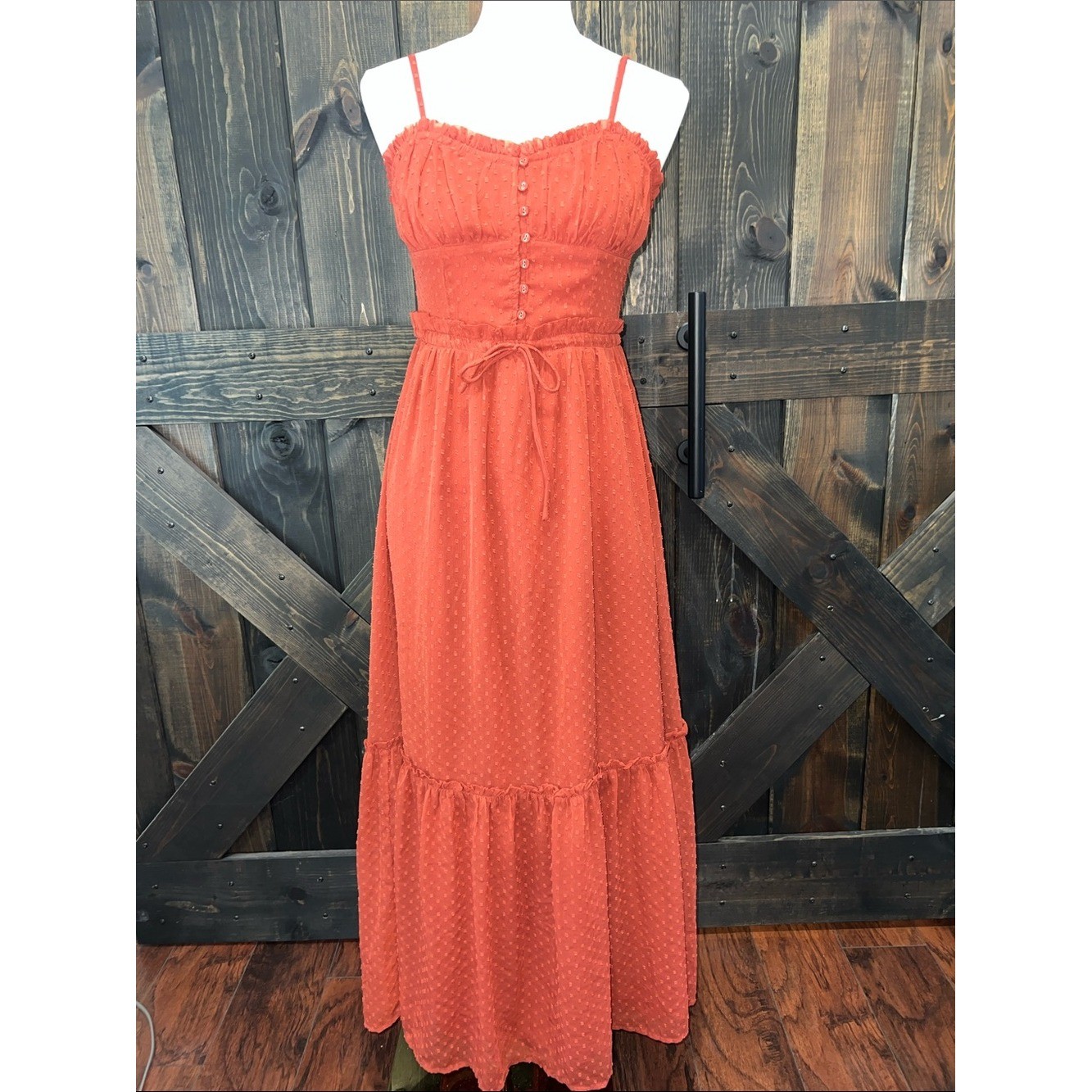 Patrons of Peace Maxi Dress S Brown Swiss Dot Smocked Cottage Boho Milkmaid Tie
