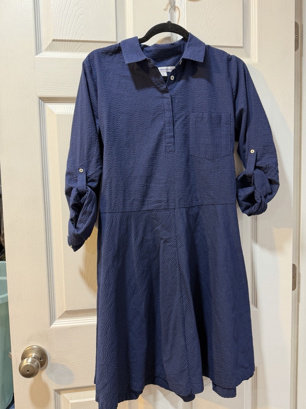 Southern Tide Blue Seersucker Collared Roll Tab Shirt Dress Pockets M Knee