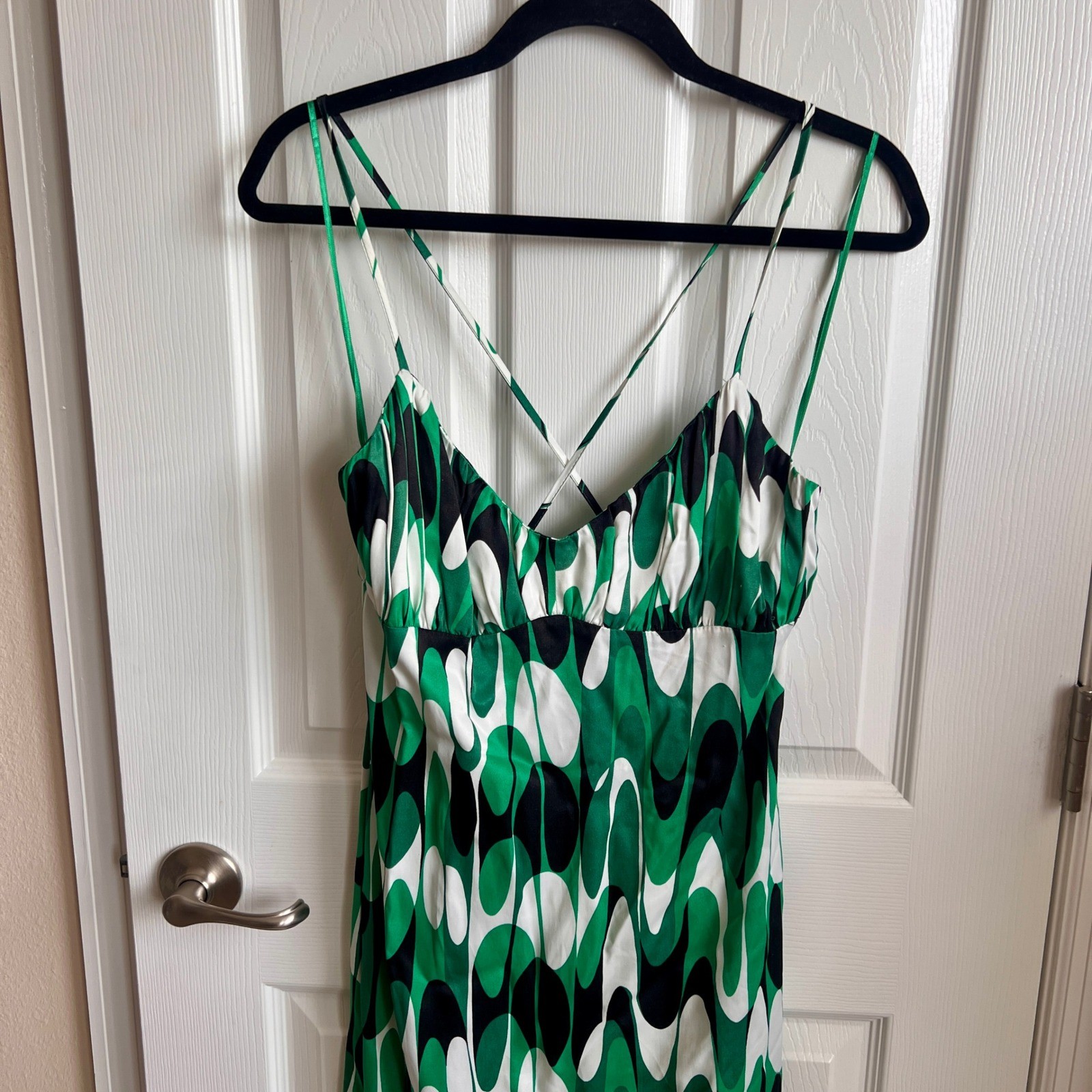New Zara Abstract Green White Black Dress Cami Strap Crisscross Back Ladies L