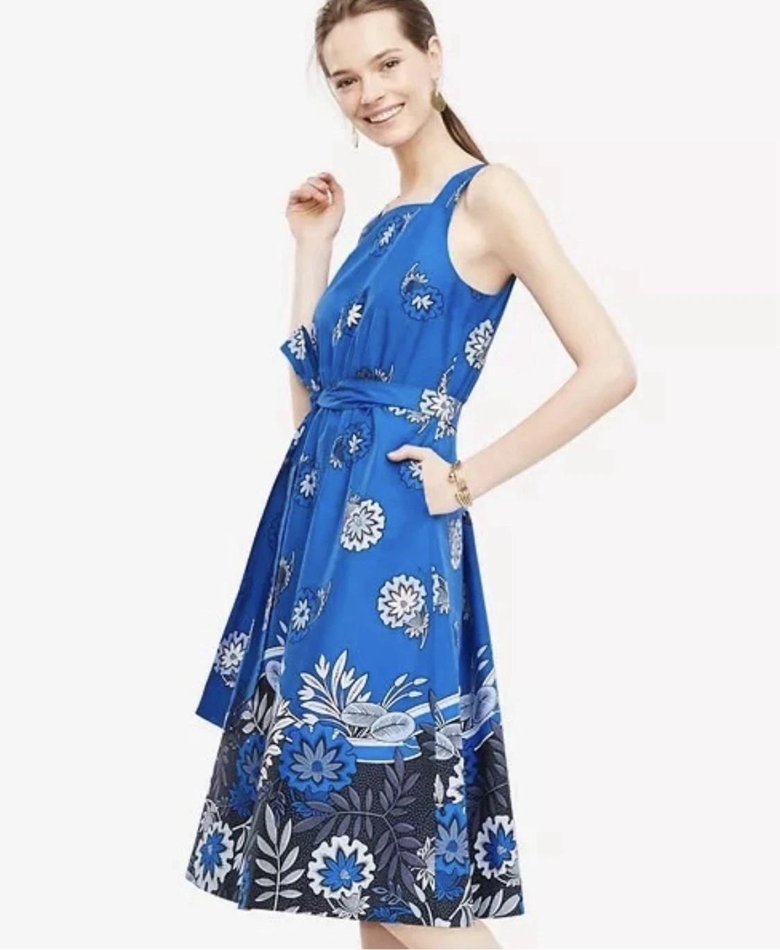 NWT Ann Taylor Petite Blue Floral Belted Poplin Midi Dress Square Neck 2P