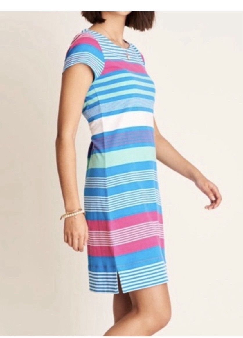 Hatley Blue Pink White Striped Cotton Knit Shift Zip Back Dress L/G