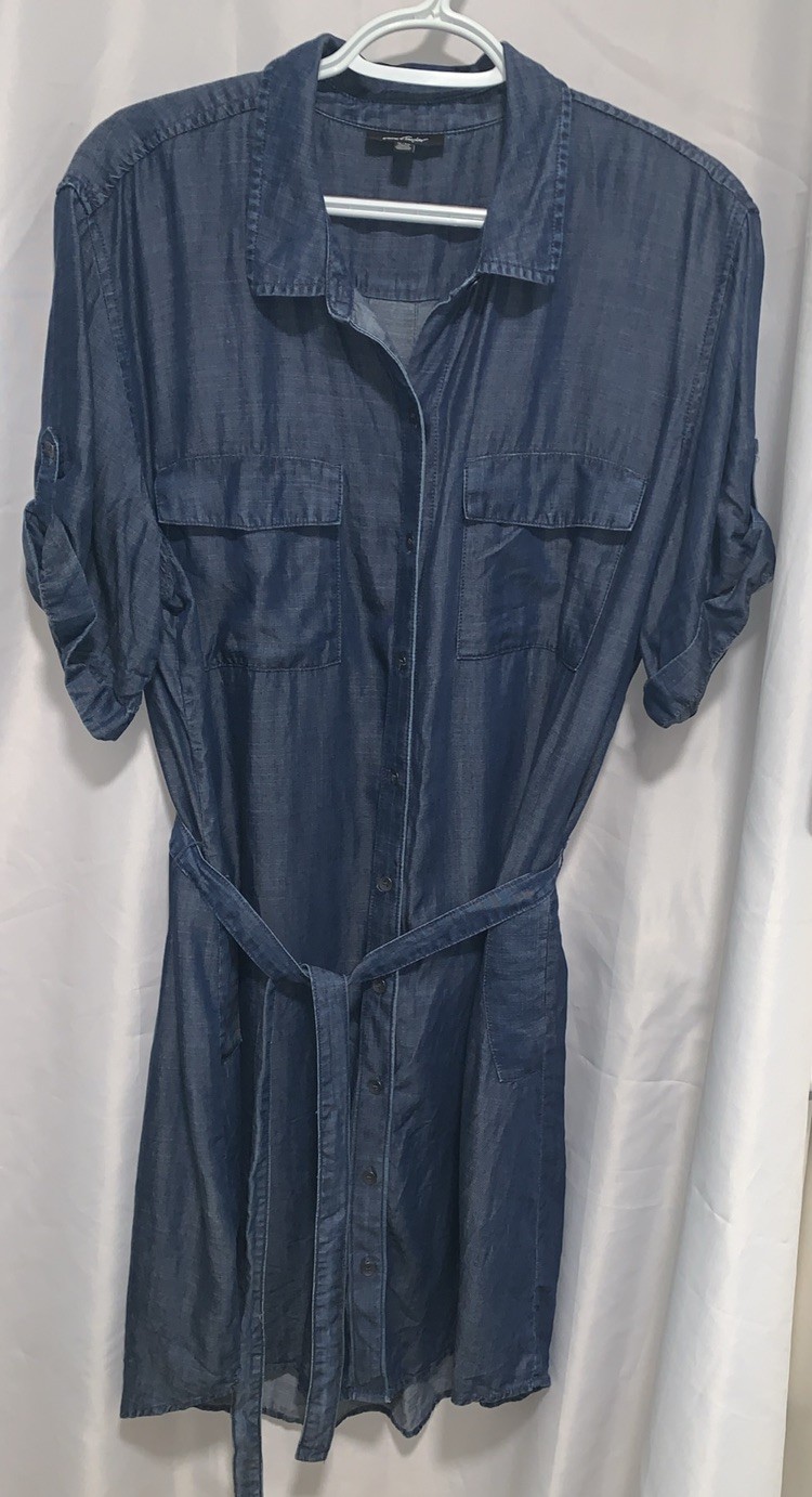 Lord & Taylor Blue Denim Jean Tie Waist Shift Dress XL Tab Sleeve 4 Pockets