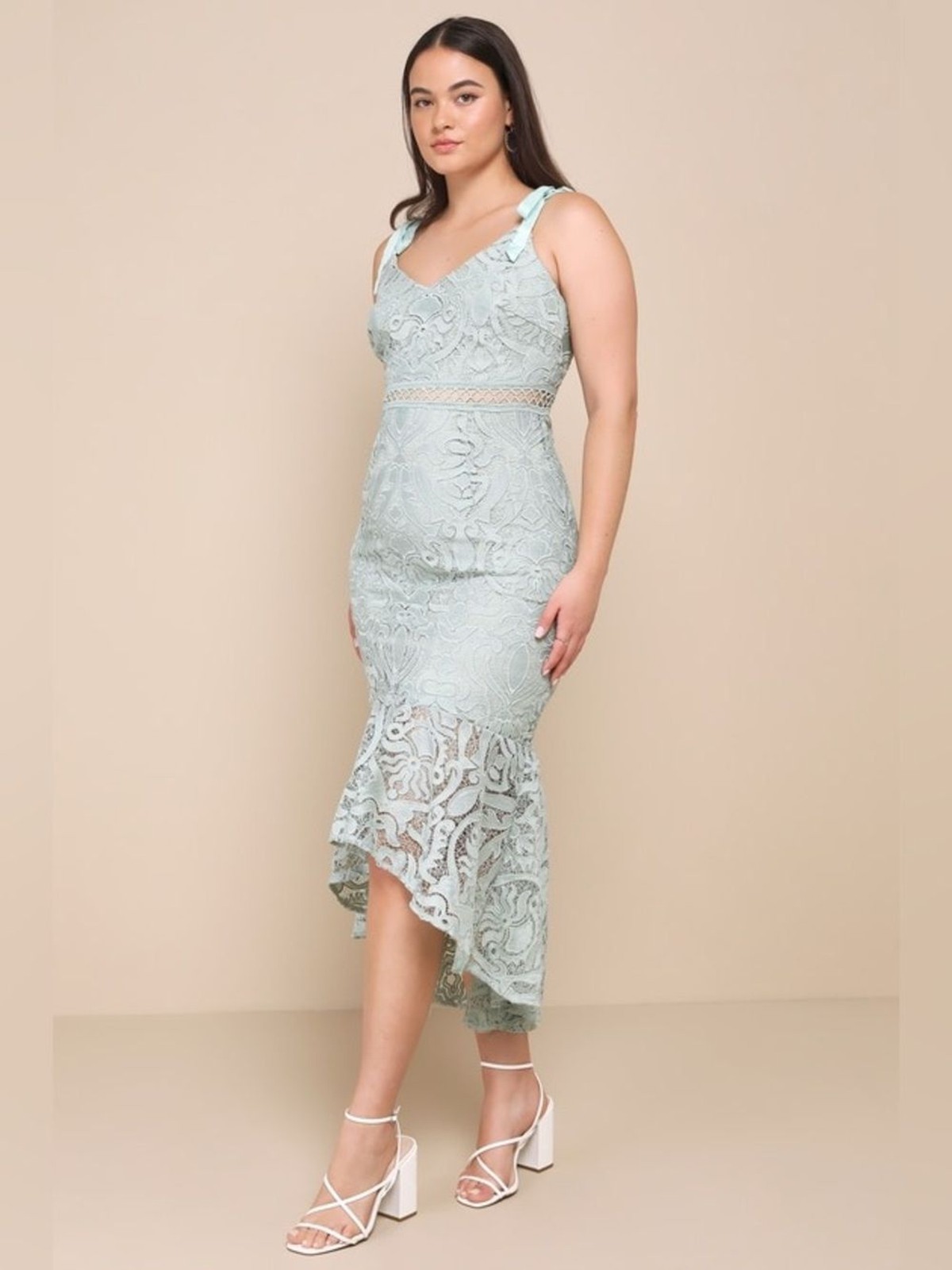 Lulus Won Your Heart Sage Green Lace Tie-Strap High-Low Midi Dress Size L NWT