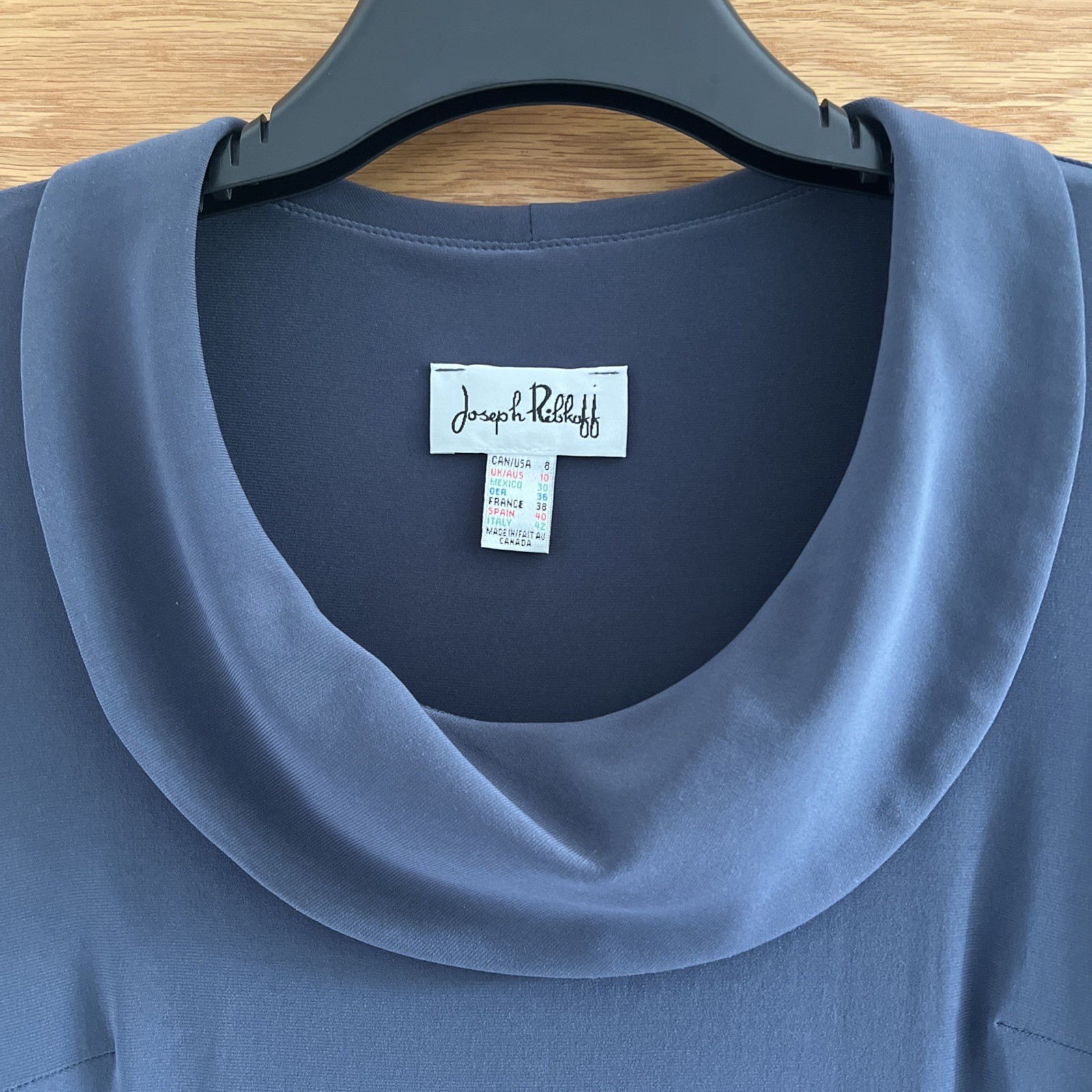 Joseph Ribkoff Dress Grey Blue Tiered Roll Over Collar 3/4 sleeve Size 10