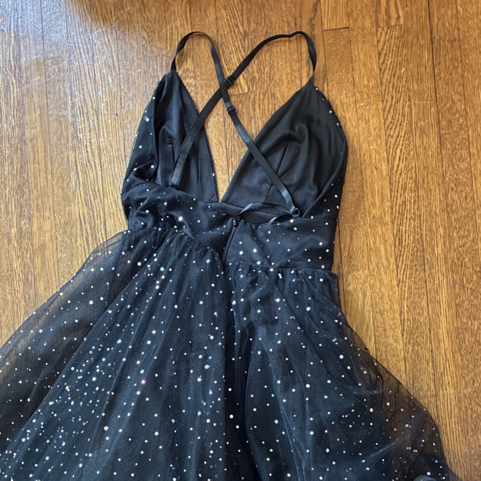 Windsor Black Glitter Tulle V-Neck Sleeveless Long Ballgown Prom Dress