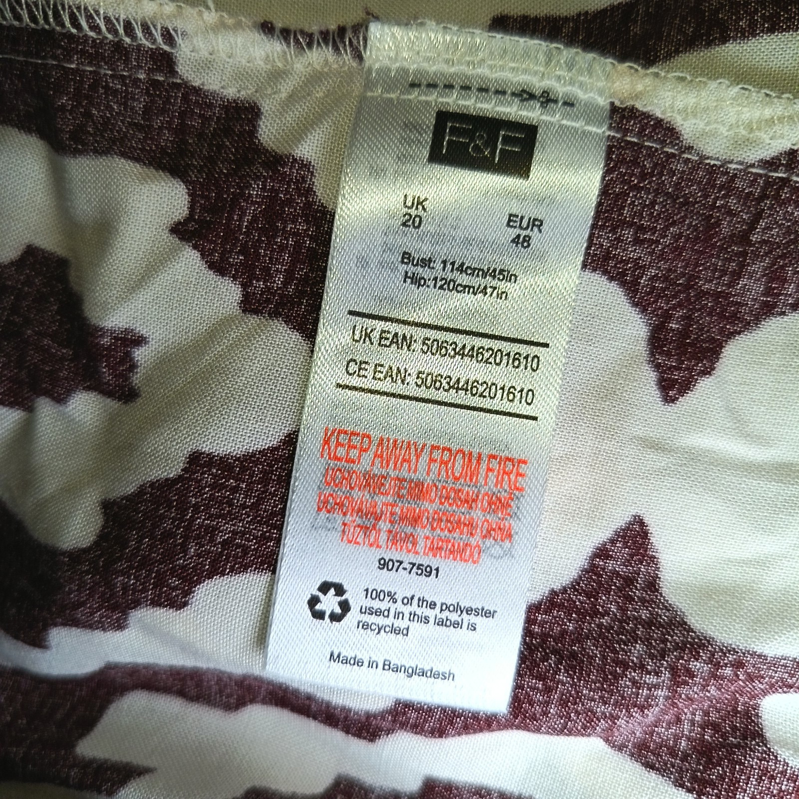 F&F Womens Dress Brown Size UK 20 Boho Print Smock Statement Tiered Abstract
