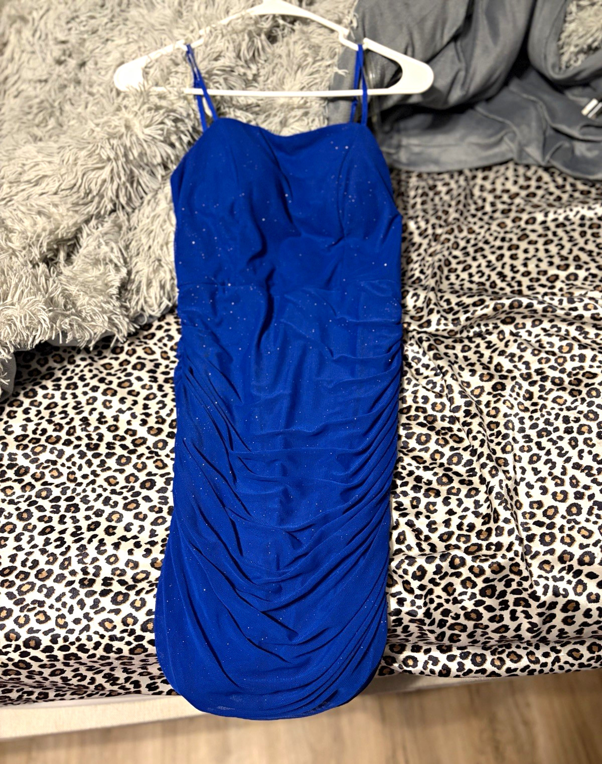 Blue Ruched Spaghetti Strap Sweetheart Bodycon Mini Dress S Zip Chiffon