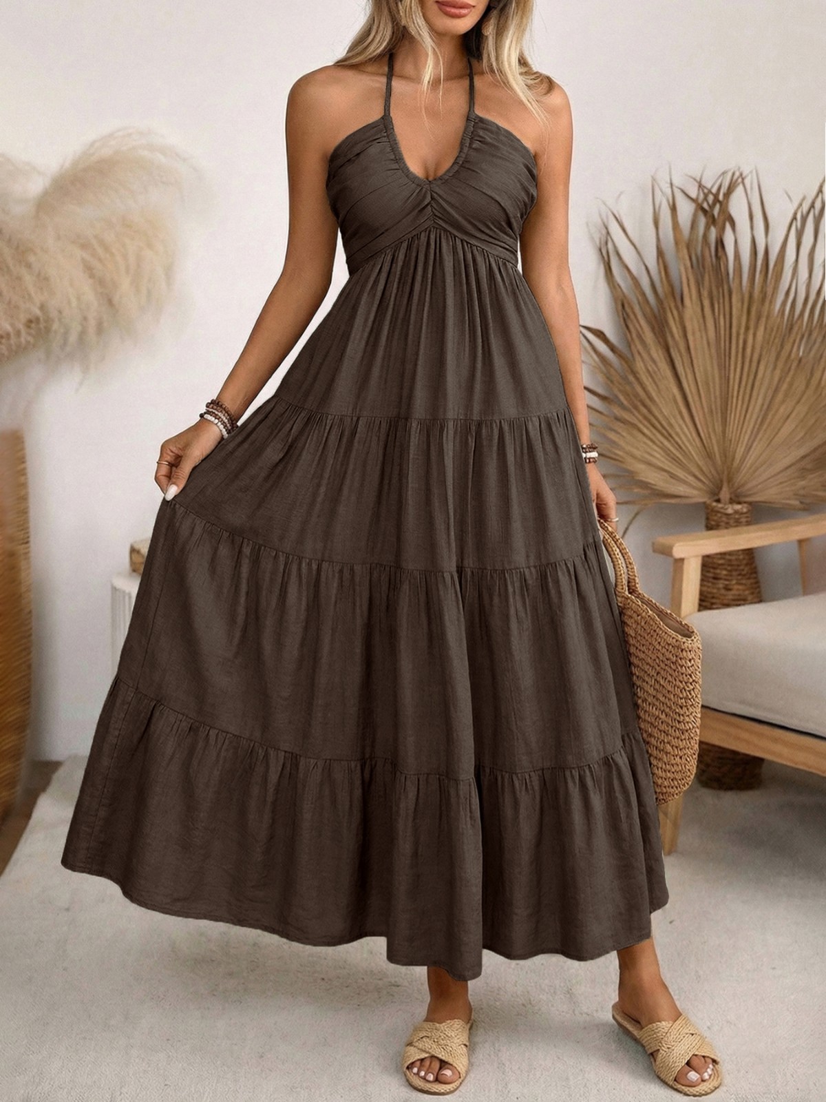 BOHO Halter MAXI DRESS WOMEN SOLID Viscose Flowy Sundress Beach Vacation Resort
