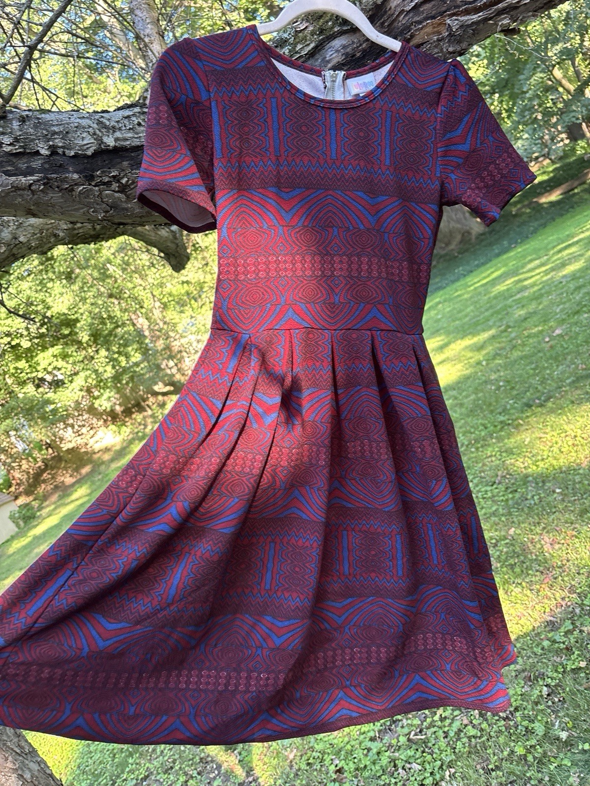 LuLaRoe Nicole Women’s Fit & Flare Dress XS Knee Burgundy Blue Geometric Zip