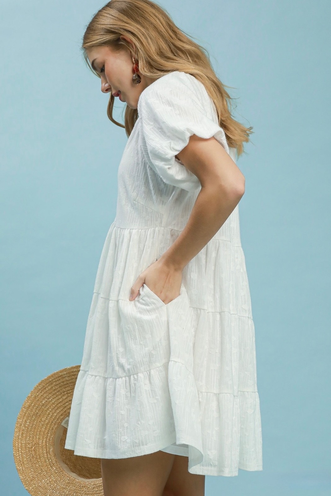 Umgee Jacquard Puff Sleeve Mini Dress Off White Tiered Babydoll Boho Women’s