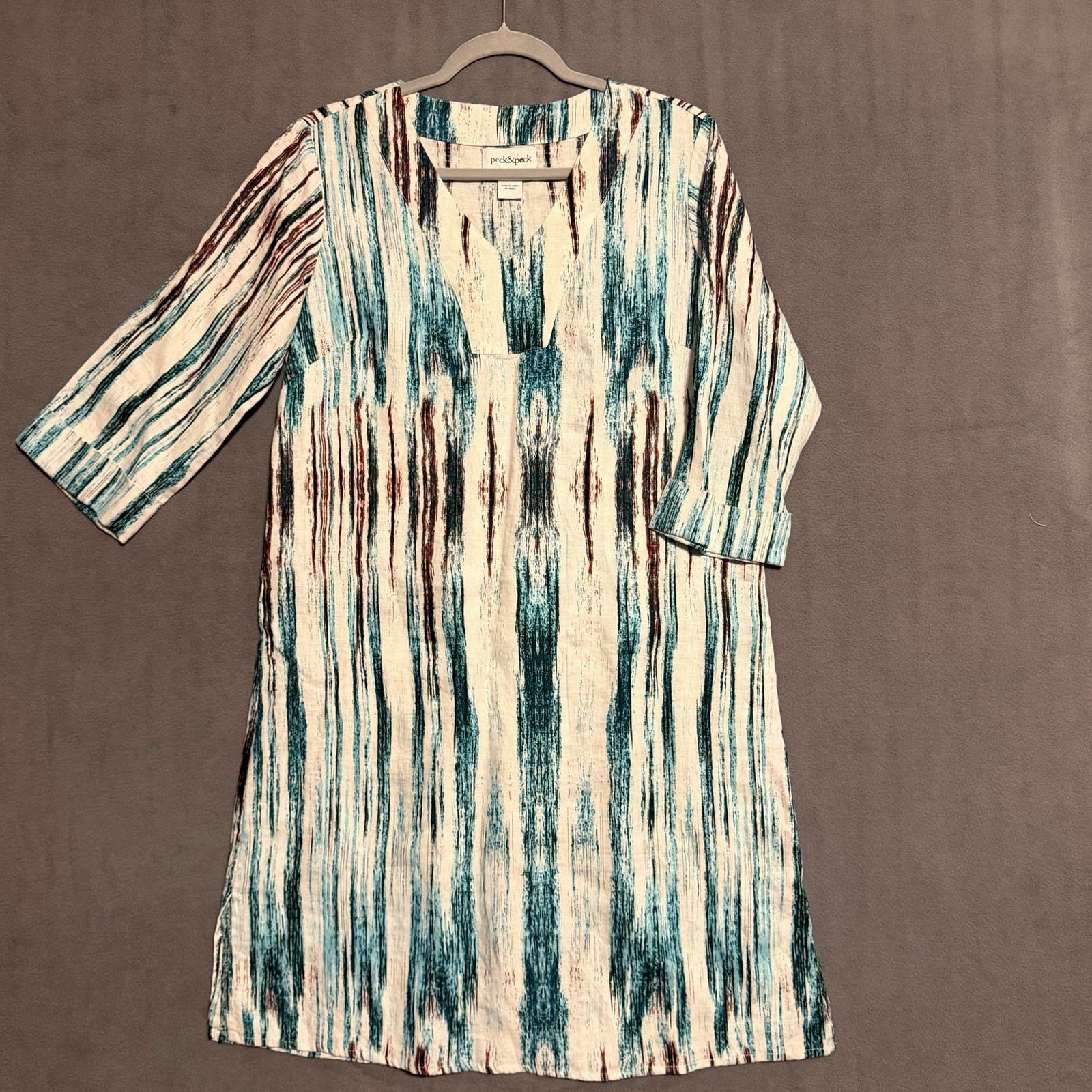 Peck & Peck Blue Abstract Print 100% Linen Shift Dress Womens M 3/4 Sleeve
