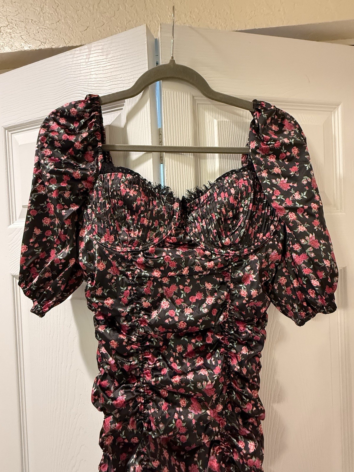 For Love & Lemons Sweetheart Puff Sleeve Ruched Floral Mini Dress