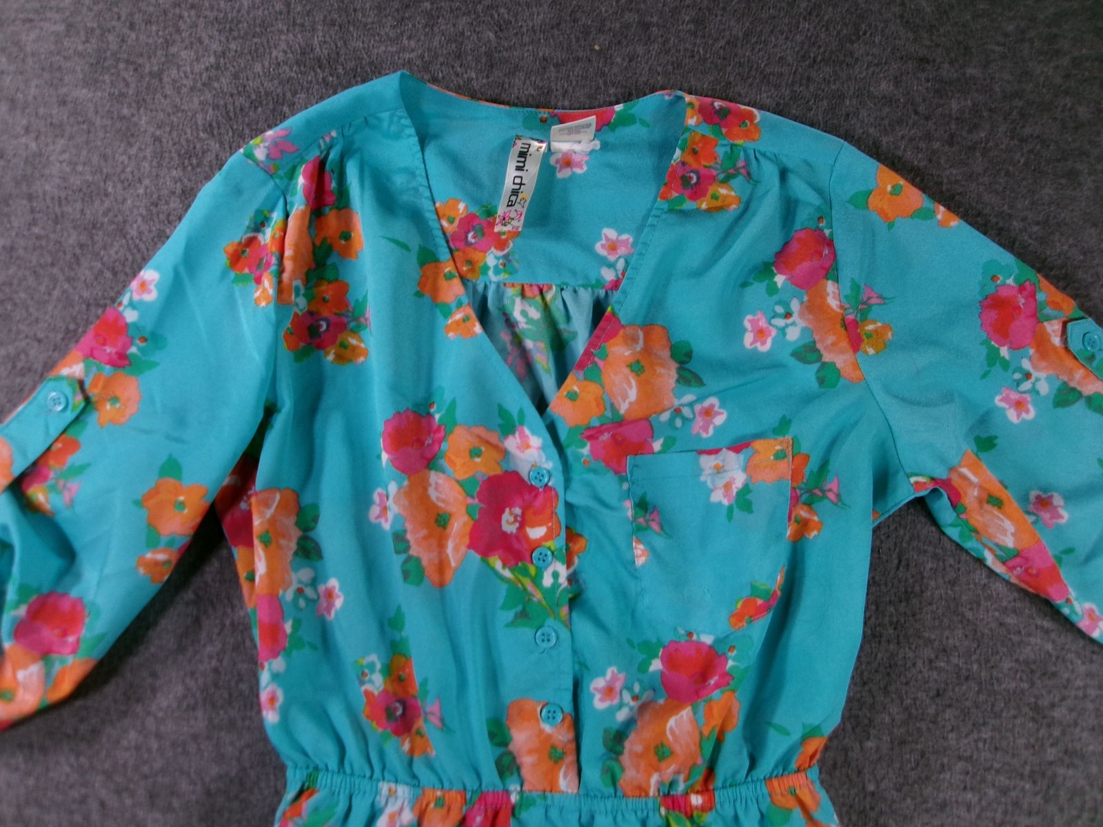 Mimi Chica Dress Womens M Aqua Floral Button Front Elastic Waist Roll Tab Sleeve