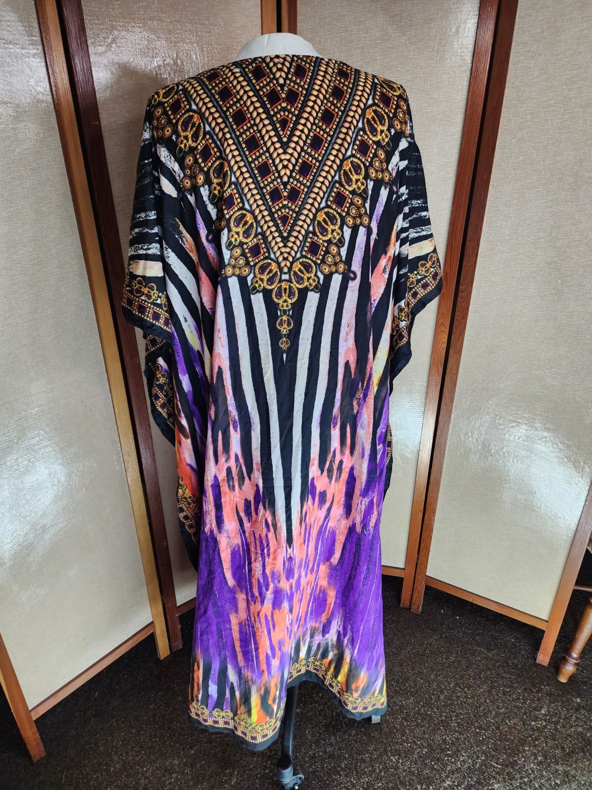Winlar Kaftan Purple Pink Gold Black Dress Womens One Size Colorful Vtg Caftan