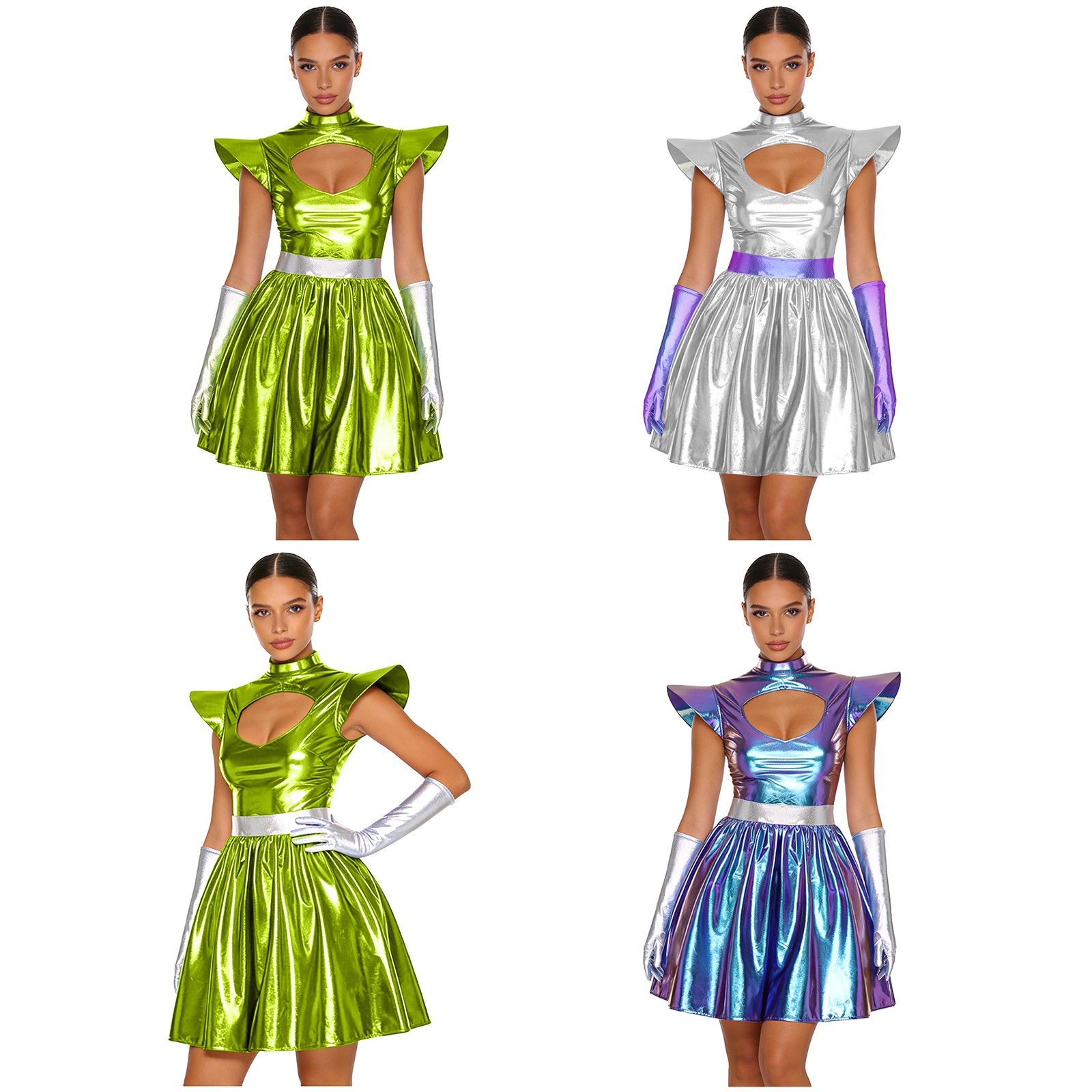 US Womens Alien Cosplay Metallic Shiny Dress A-line Theme Party Wear with Gloves