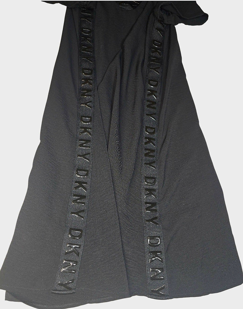 DKNY black V-neck cap sleeve A-line knit logo trim knee dress Size L