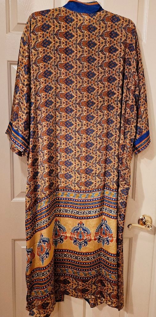 Art Silk Kimono Robe~ Women’s One Size~ Kimono w/Tie ~Floral Paisley ~Brown,Blue