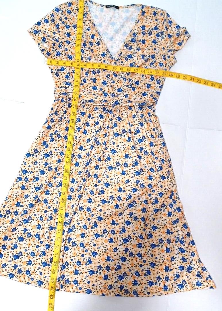 Floral Yellow Blue OUGES Women’s Dress Sz L Cap Sleeve V Neck Stretch Wrap