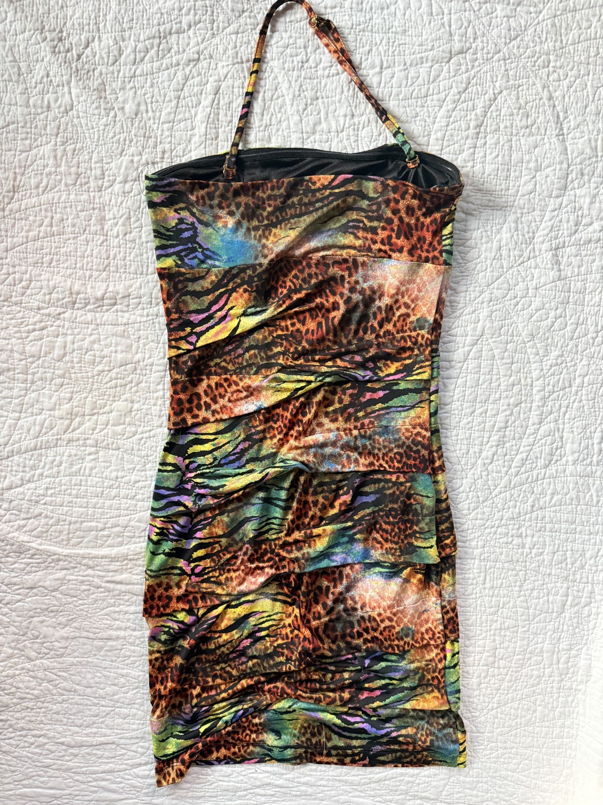 Forever 21 Y2K Rave Neon Ruched Animal Print Halter Bodycon Mini Dress Size S/P