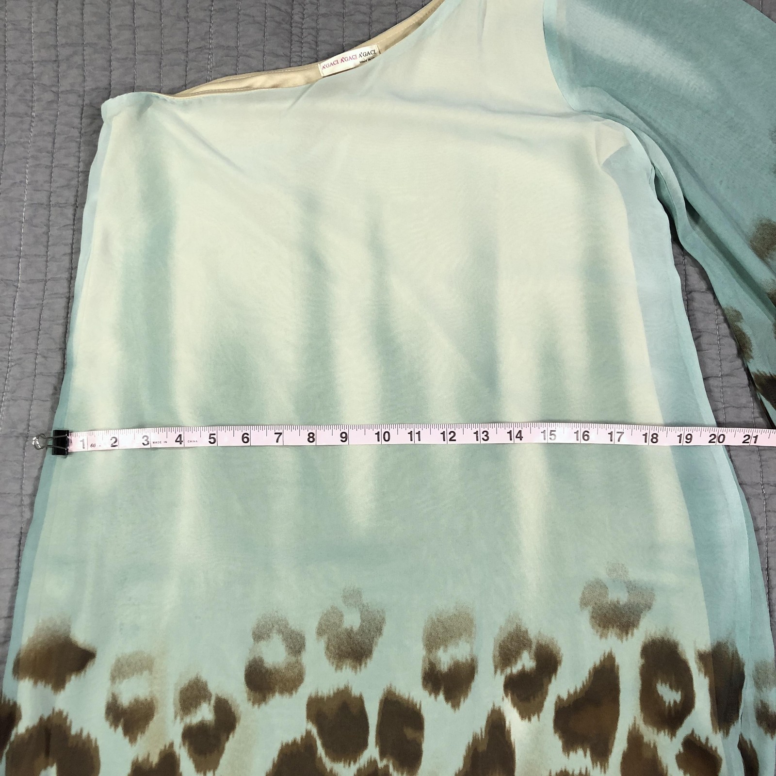 Vintage AGACI Dress Women Medium Blue Chiffon Leopard One Shoulder Bell Sleeve