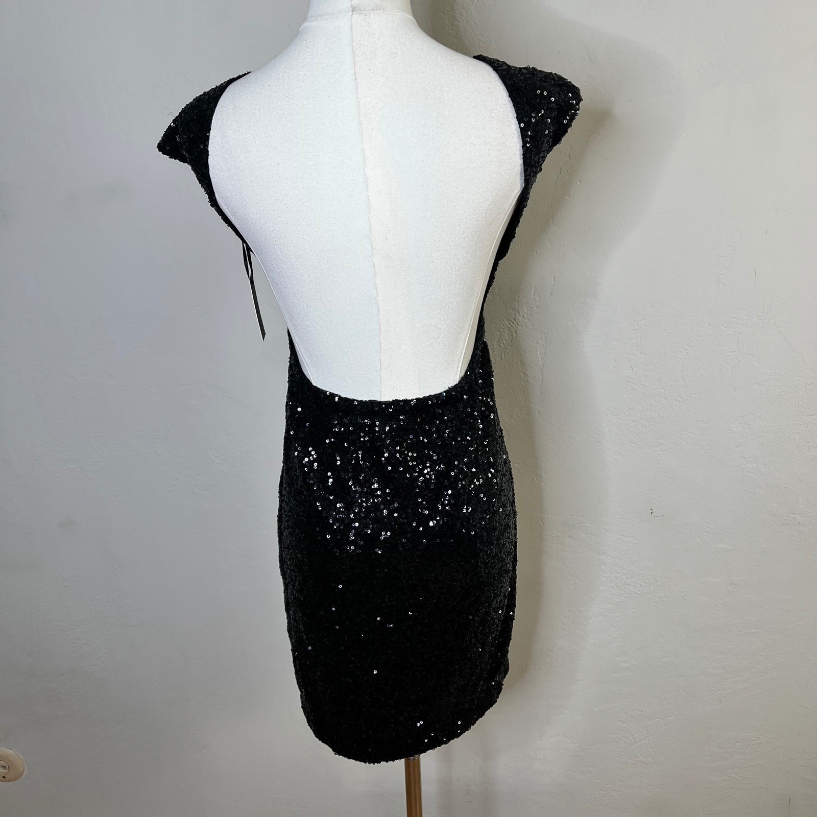 Lovers + Friends Black Sequin Mini Dress Open Back Cap Sleeve XS New