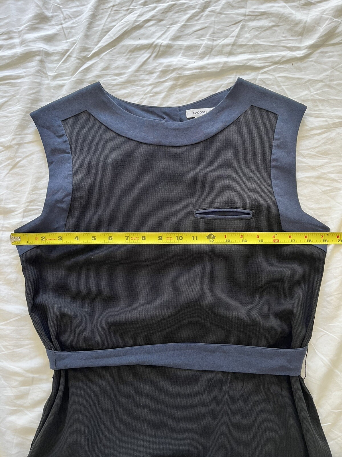 Lacoste 100% Silk Black Blue Sleeveless Tie Waist Dress US 8/M lagenlook Career