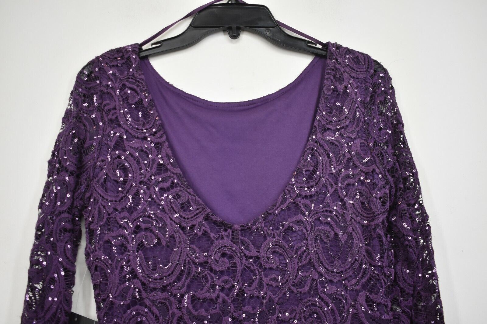 Marina Womens Purple Jewel Neck U Back Sequin Lace Long Sleeve Sheath Dress 8