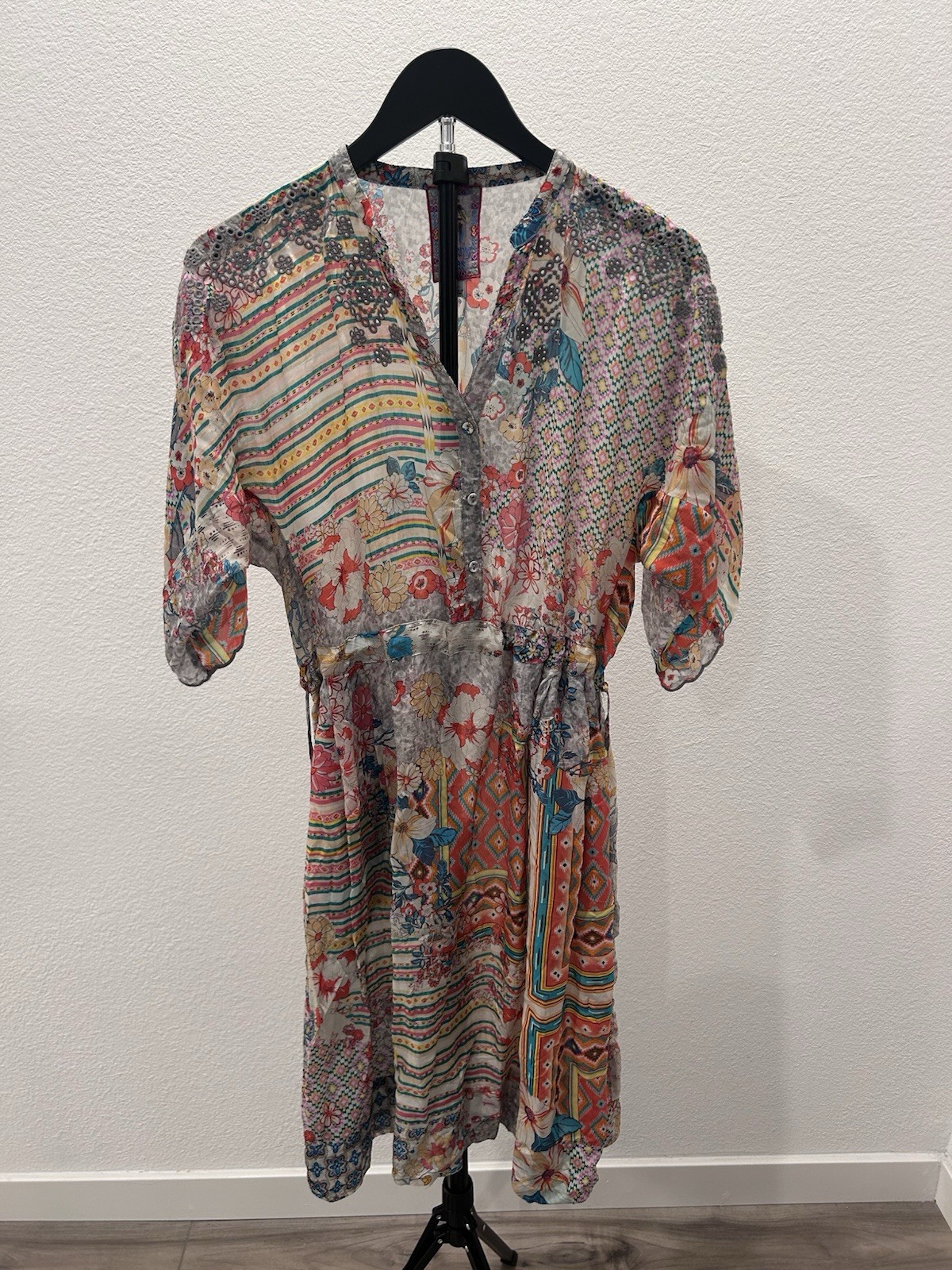 Johnny Was Patchwork Floral Silk Blend Dress Size S Boho Eyelet Detail