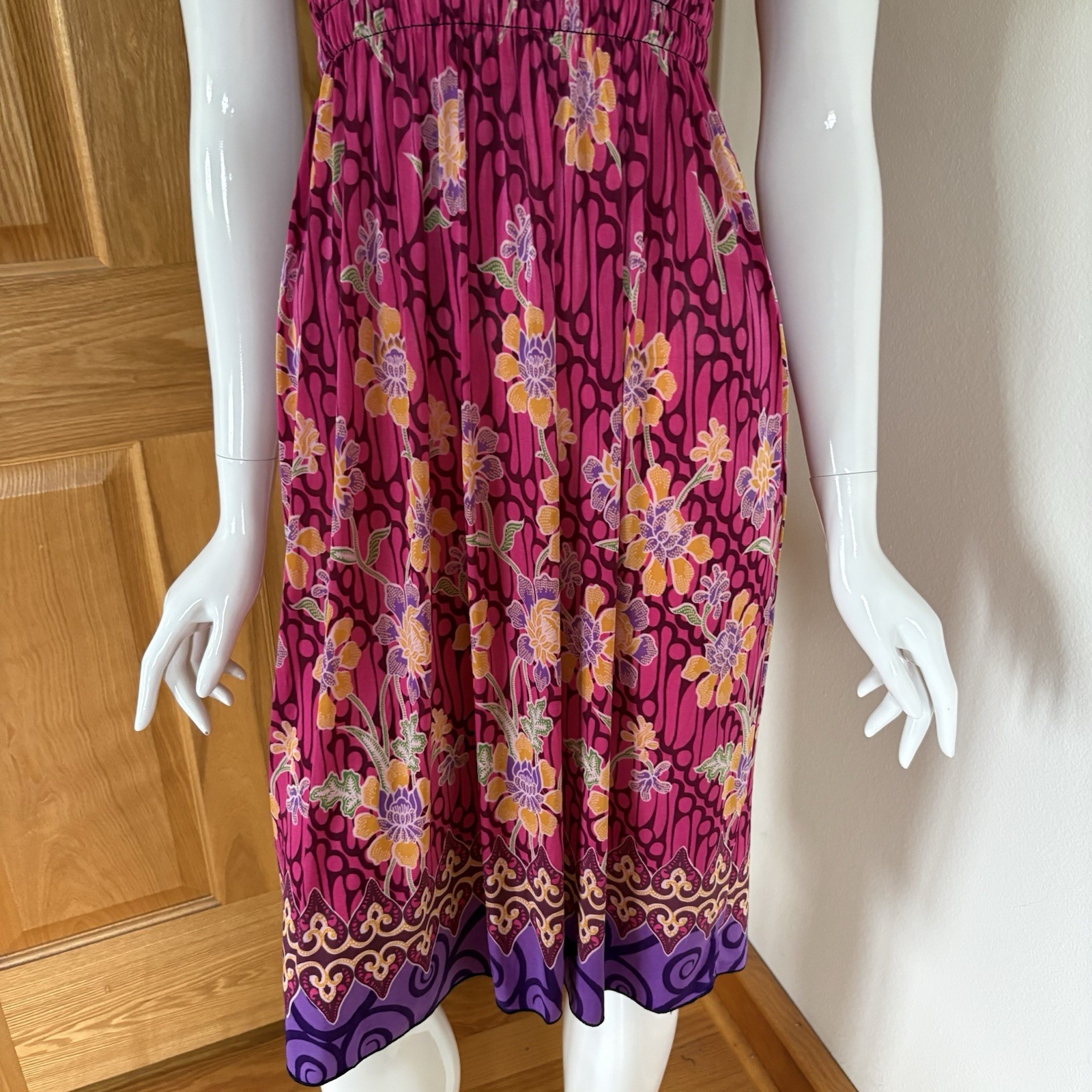 Women’s M Pink Purple Floral Smocked Strappy Square Neck Ruffle Sundress Knee
