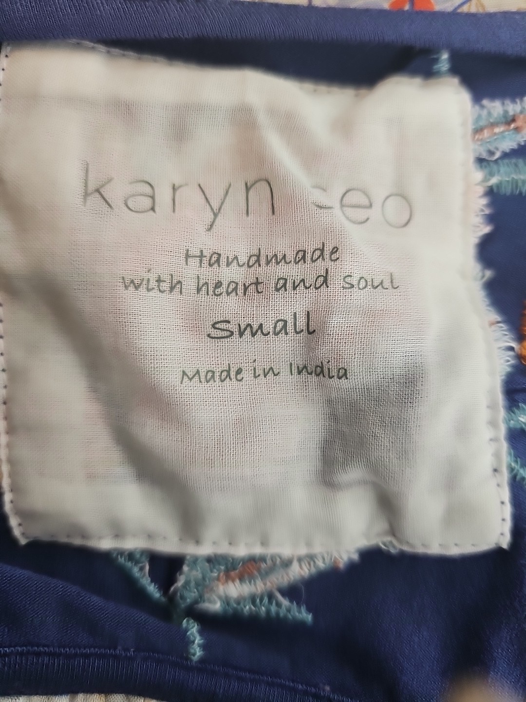 Karyn Seo Embroidered Dress Small Handmade Blue Jersey Cozy Boho Floral