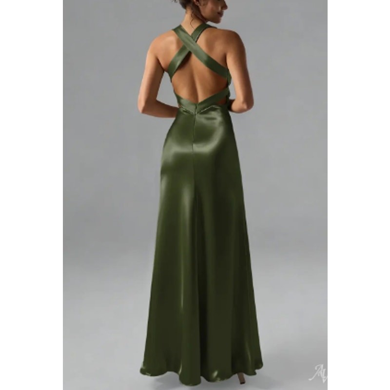 AW BRIDAL 6 S green olive Erika satin crystal formal bridesmaid maxi dress B51