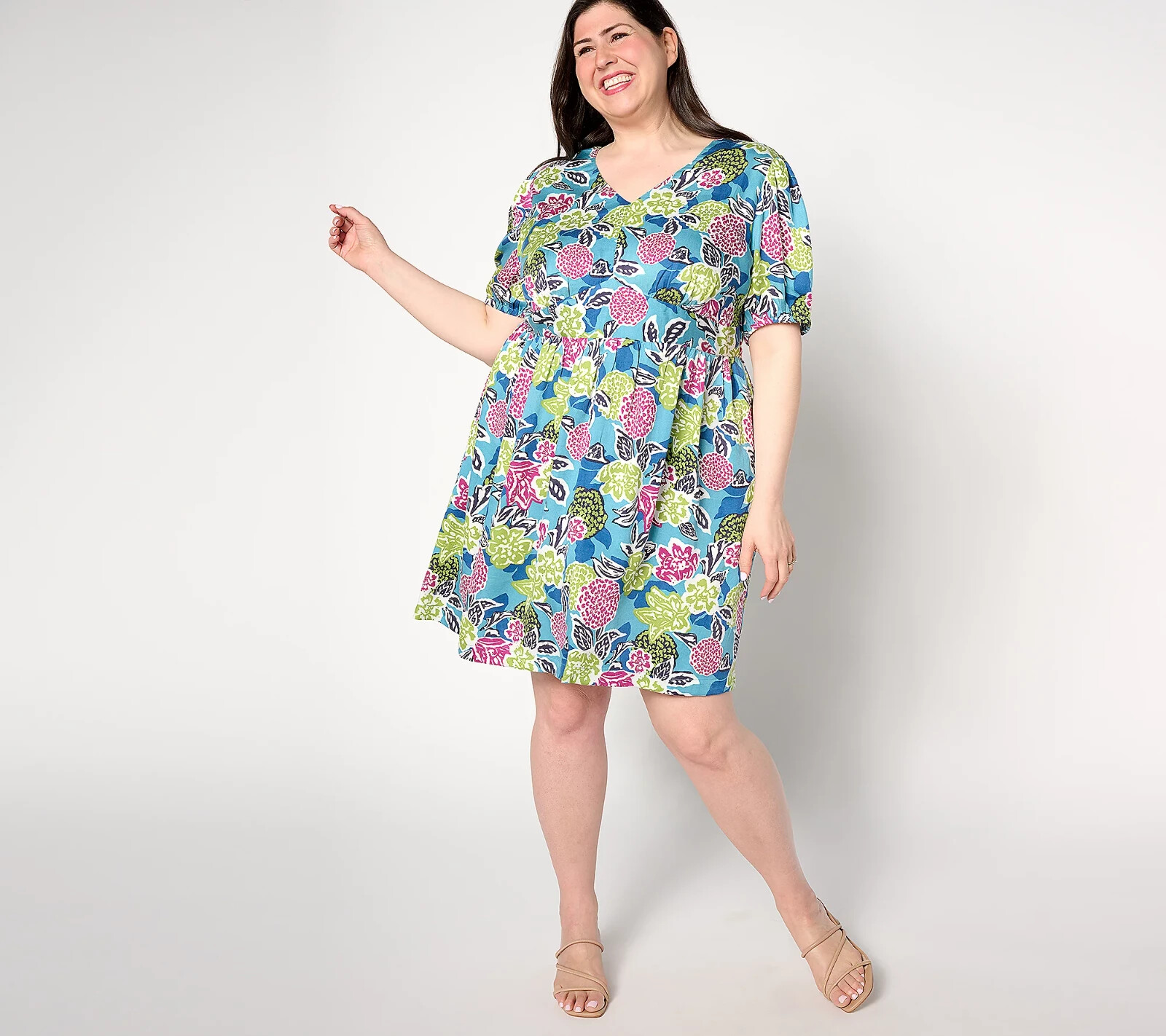 AnyBody Petite Printed Puff-Sleeve Woven Dress-Stillwater-Petite Medium A643888