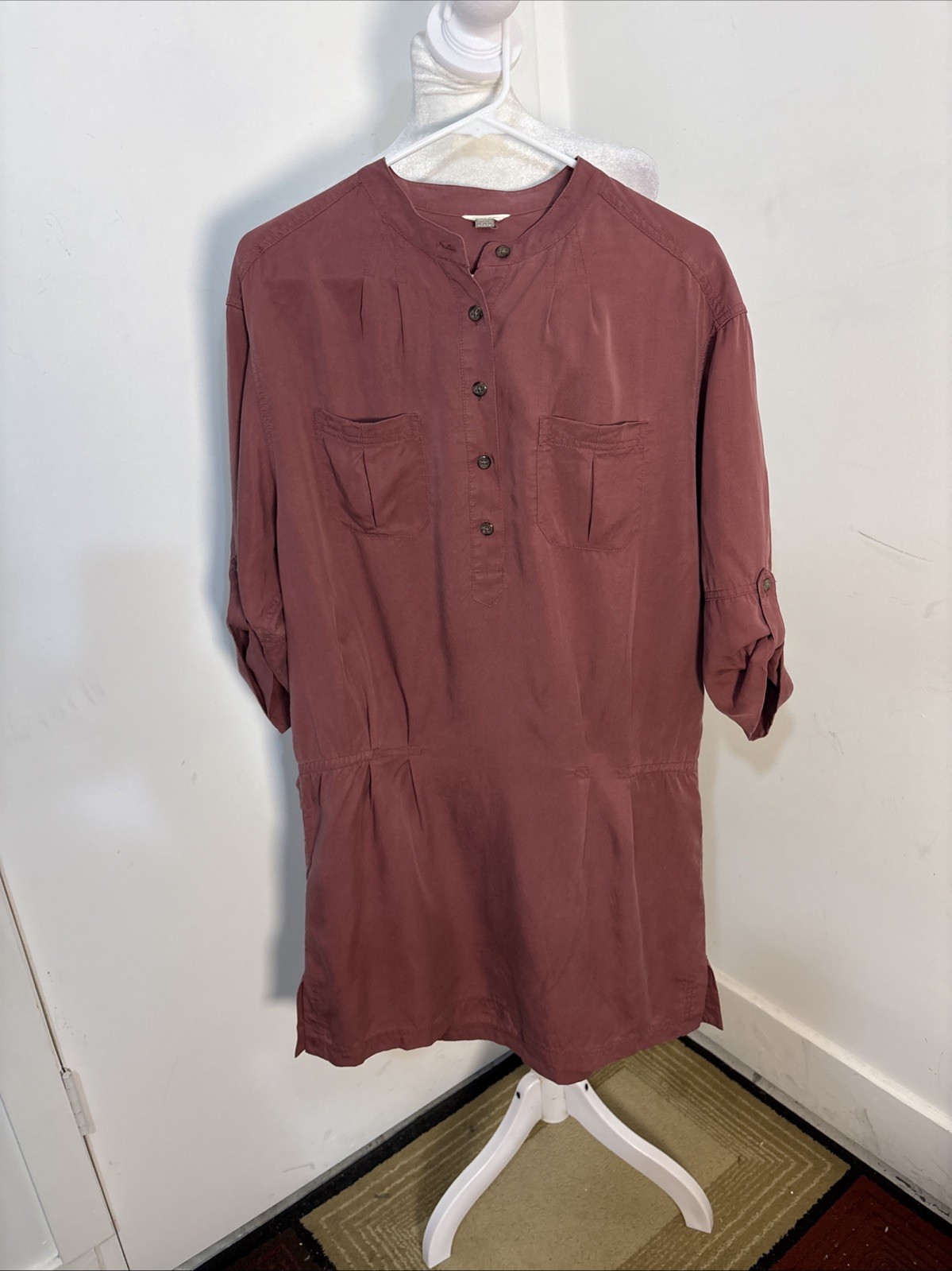 Fossil Roll-Up Sleeve Safari Utility Dress Brick Red Lyocell Tunic Medium
