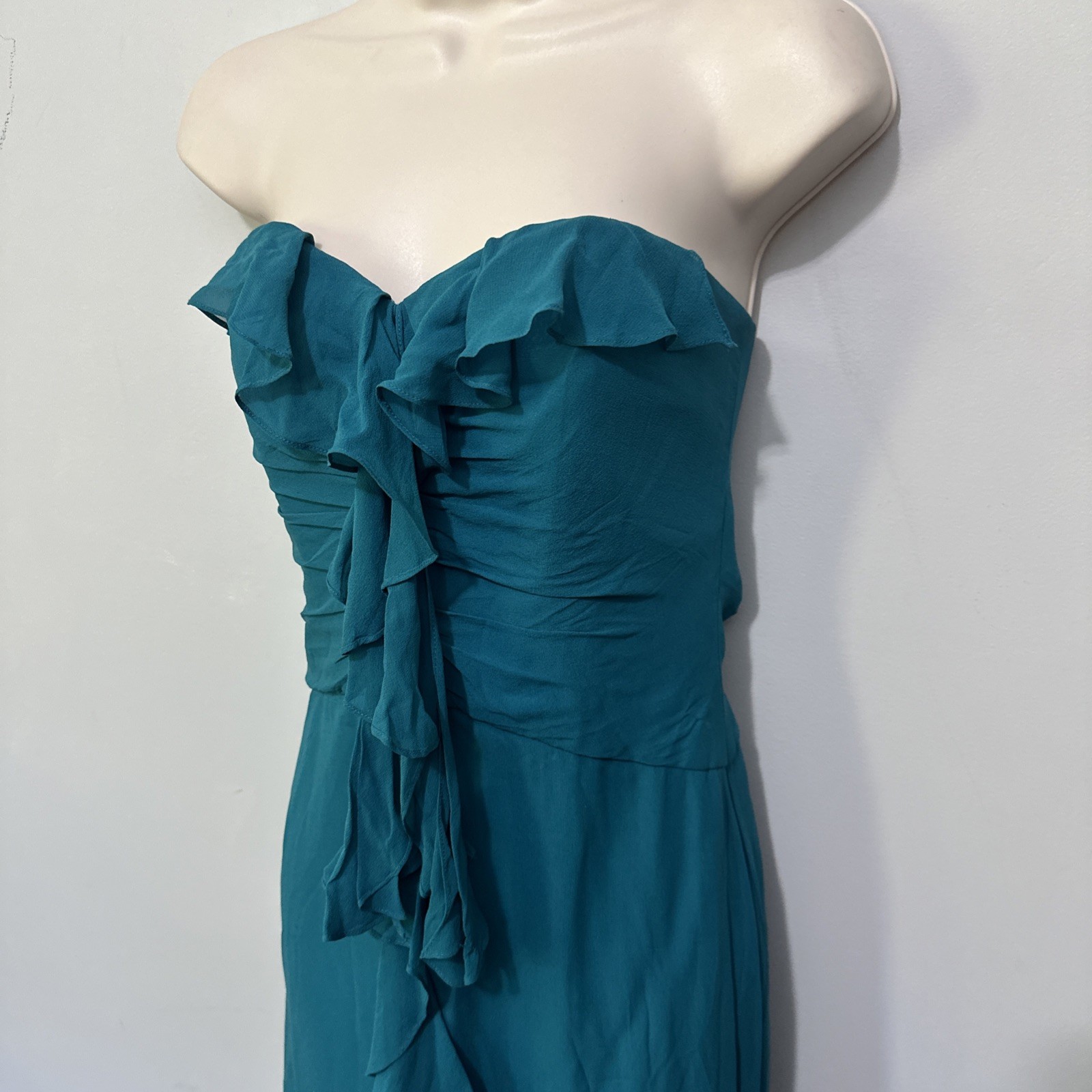 Badgley Mischka Dress Womens 6 Teal Blue Gown Strapless Ruffle Minimalist Glam