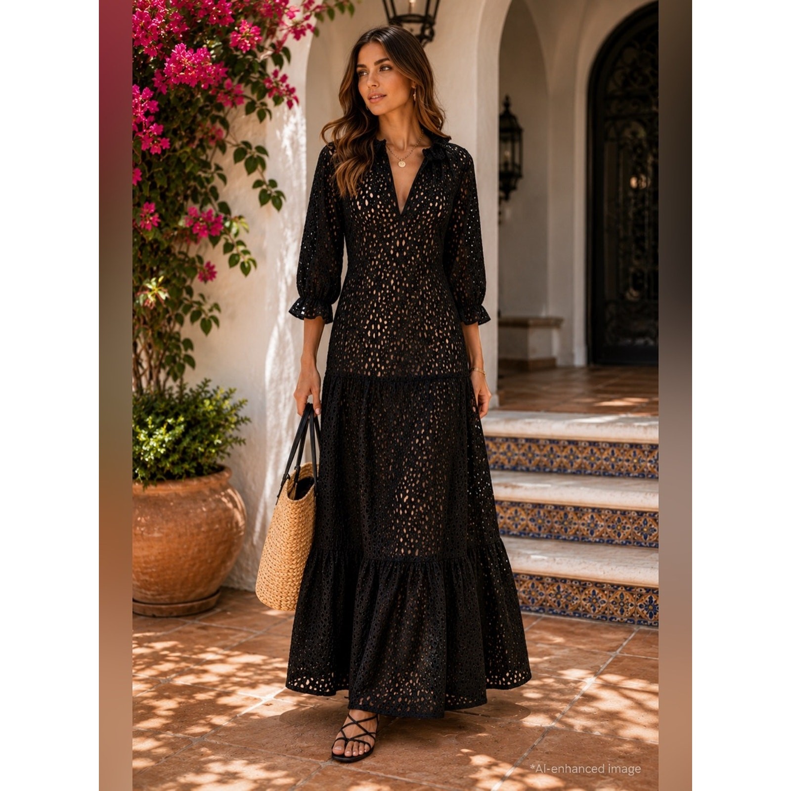NWT DX Collection Black Eyelet Lace Maxi Dress Size S Beach Resort Cover Up