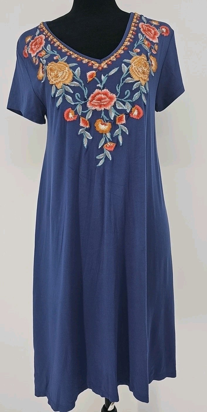 Karyn Seo Embroidered Dress Small Handmade Blue Jersey Cozy Boho Floral