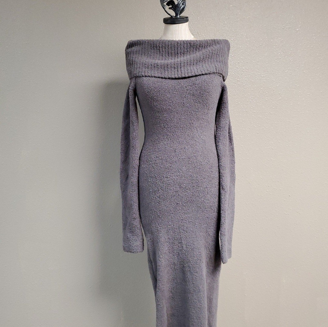 NWT Skims Cozy Dress Grey Chalk Off Shoulder Long Sleeve Maxi Dress Size S