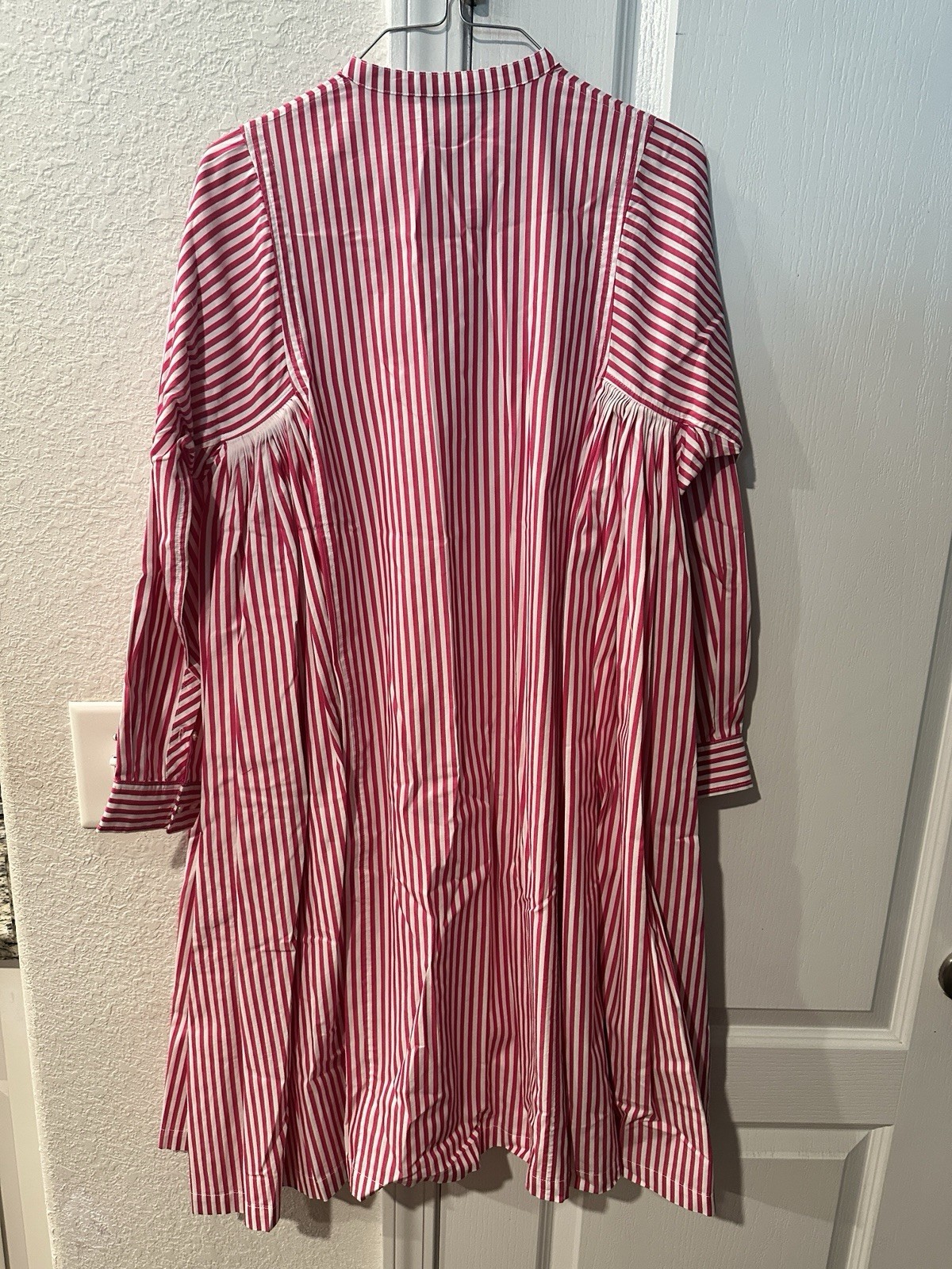 August Morgan Pink White Striped Shirt Dress 3/4 Sleeve Knee Cotton Size S