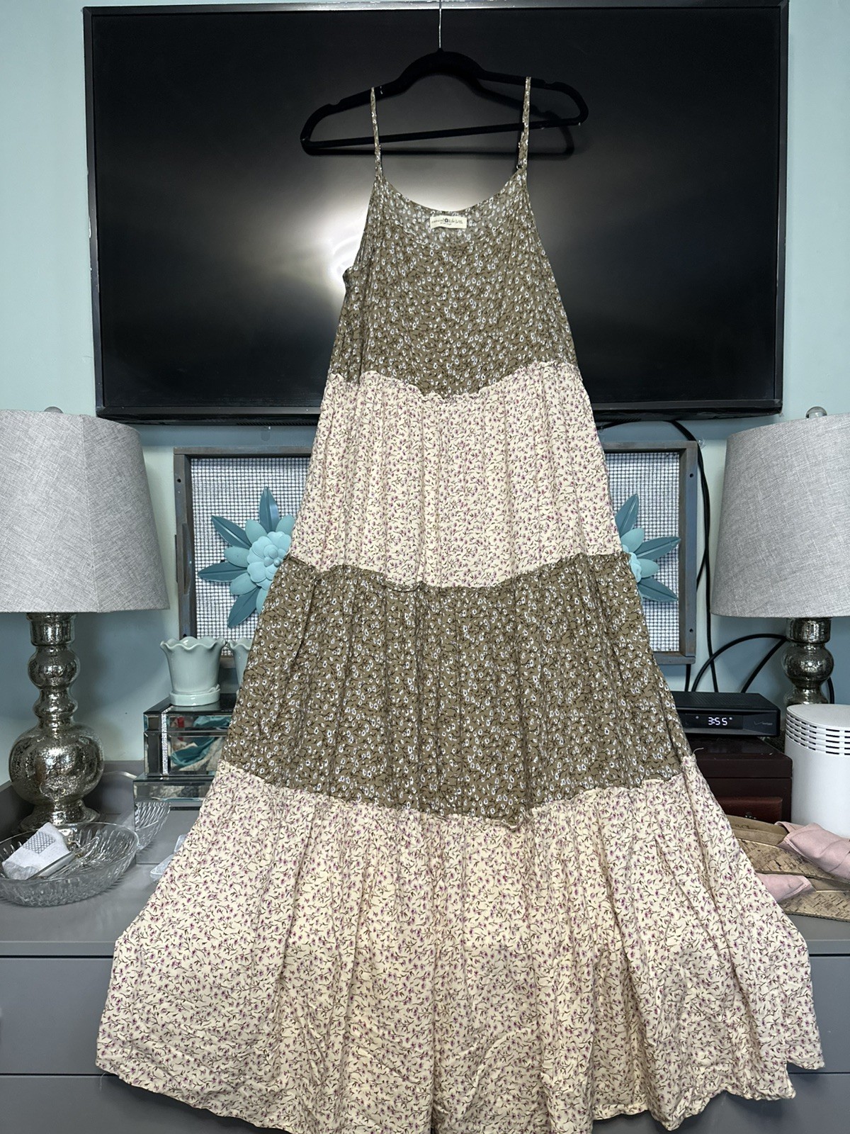 Natural Life Maxi Dress Sz L/XL Kaia Boho Ditsy Floral Tiered Colorblock