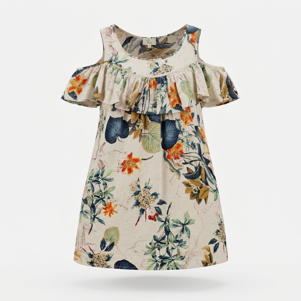 2Love Tropical Floral Cold Shoulder Ruffle Mini Dress Cream Botanical Print M