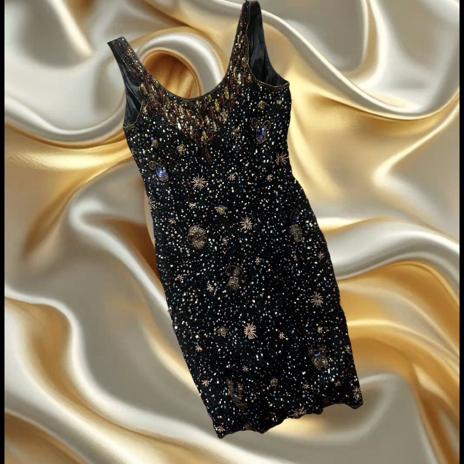 Rare VTG 90s Hand beaded Silk cosmic Celestial Horoscope Zodiac Mini Dress s