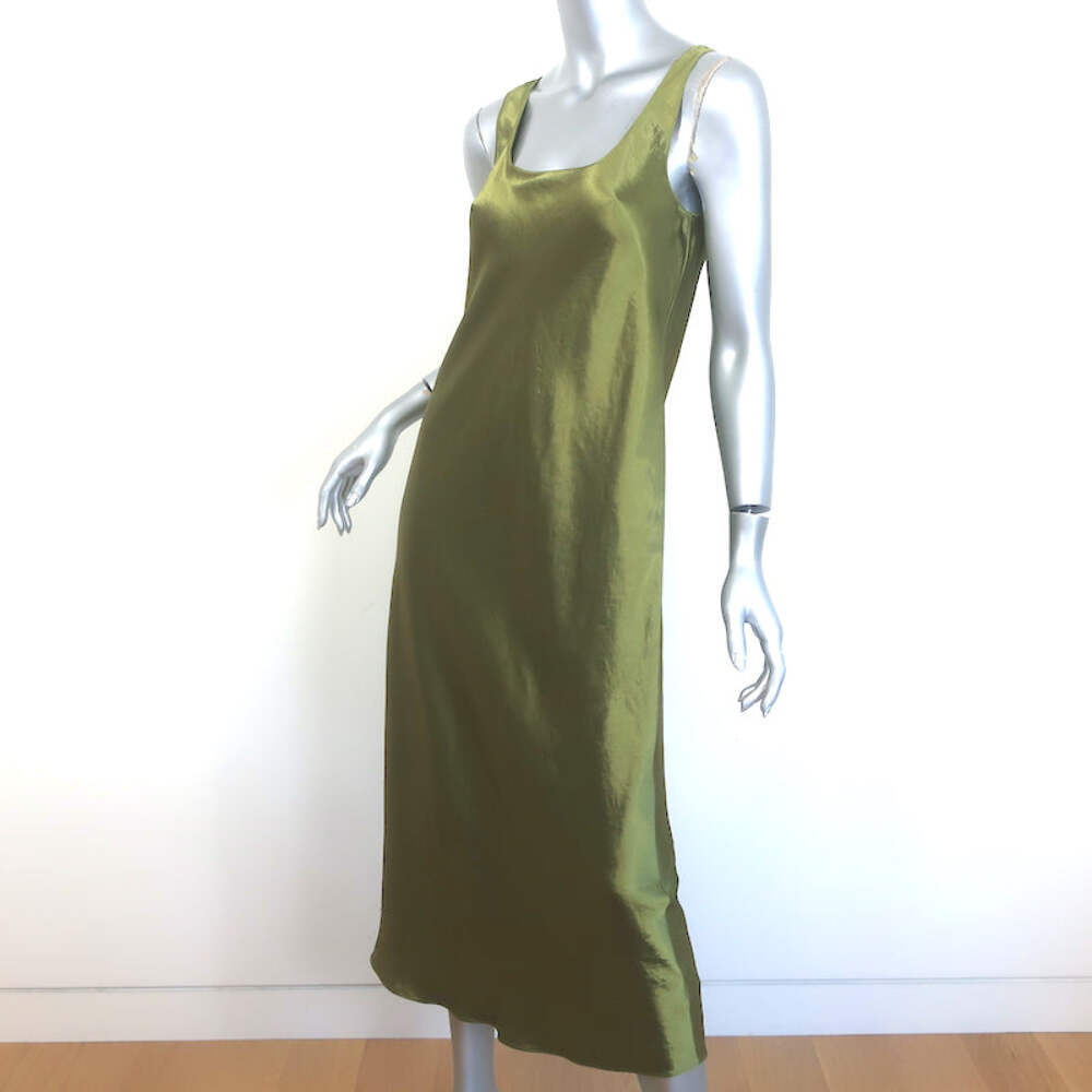 Vince Sleeveless Midi Dress Green Crinkled Satin Size Extra Small