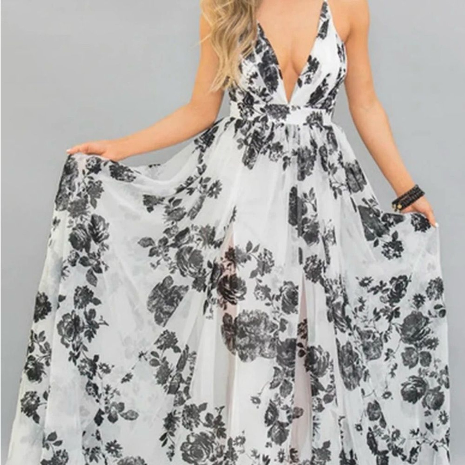 Floral Black and White Tulle Sheer Maxi Dress