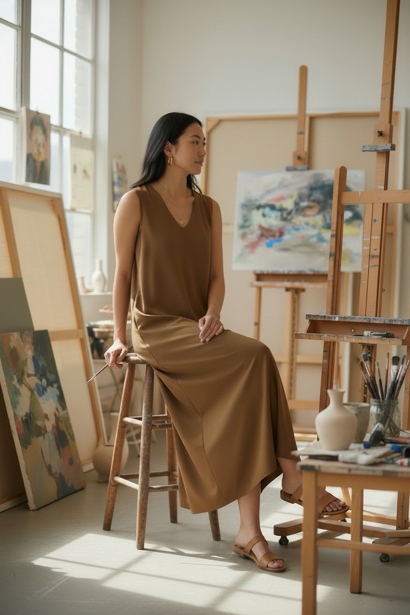Uniqlo x Mame Kurogouchi Womens XS AIRism Brown Sleeveless Maxi Dress BuildInBra