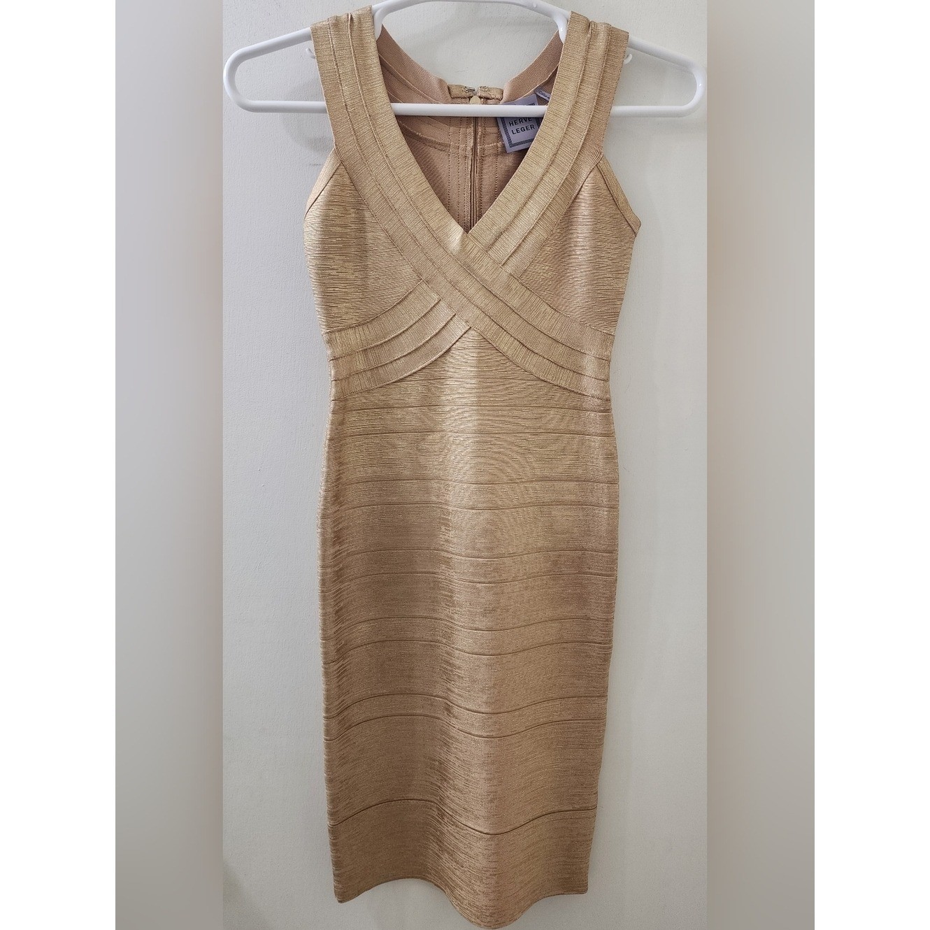 Herve Leger Metallic Gold Strapless Bandage Dress, Size Large.